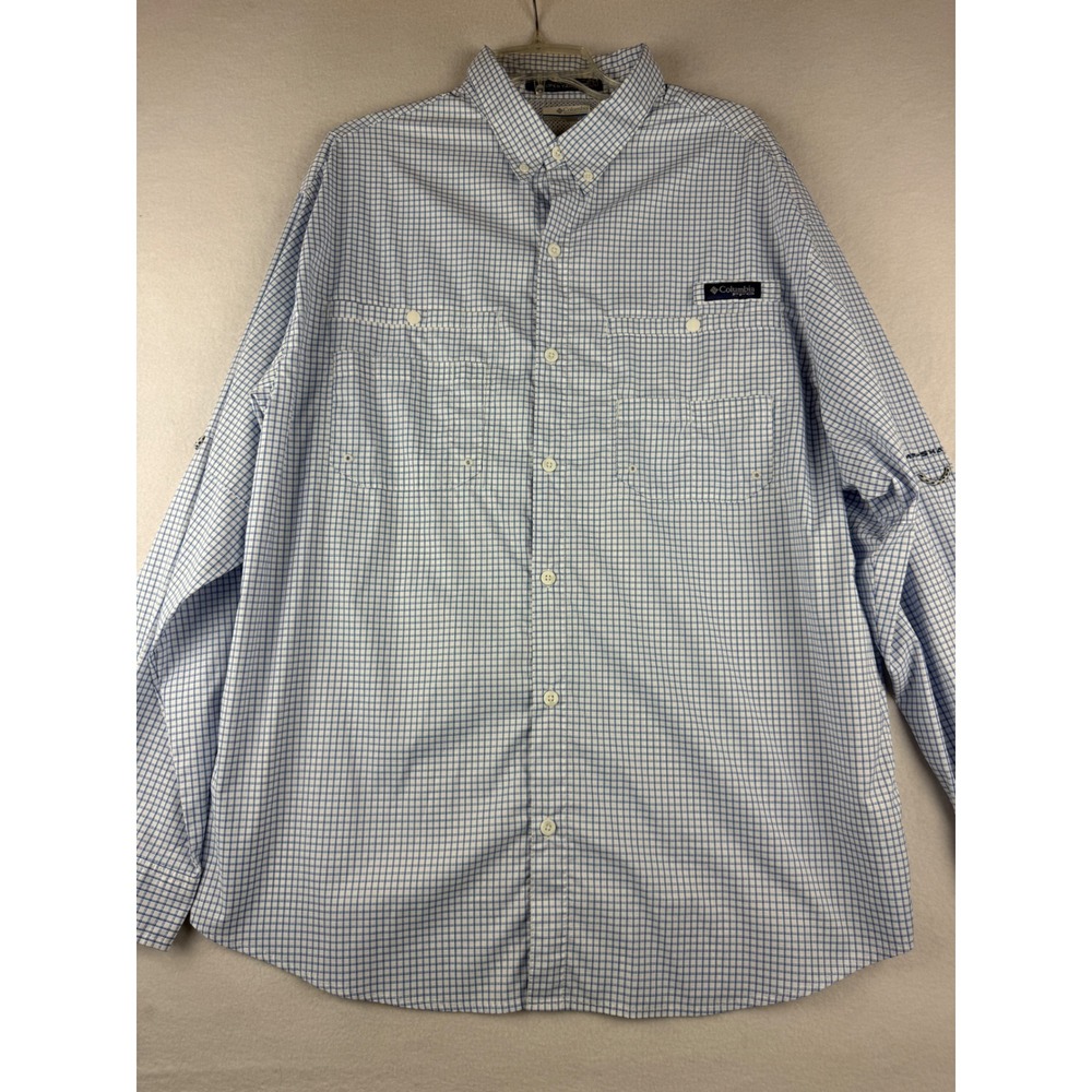 Columbia PFG Super Tamiami Mens XL Blue White Plaid Long Sleeve Fishing Shirt